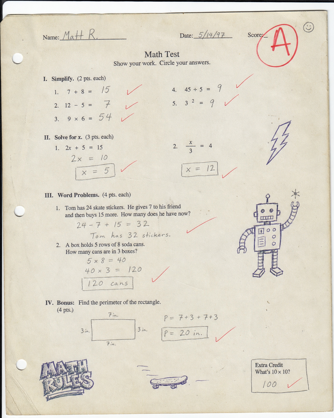 Scanned middle school math test marked with a big red A